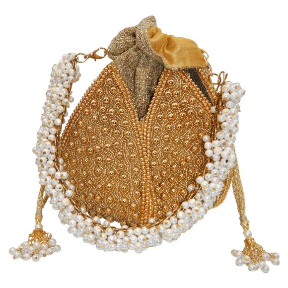 Ramla Handcrafted Lotus Pearl Beaded Embellished Potli Bag Gold - Picture 2 of 9